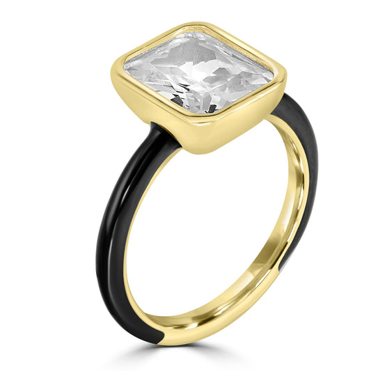 Bob Mackie Gold Over Brass Black Enamel Rectangular Cut White Cubic Zirconia Ring, Sizes 6 to 8