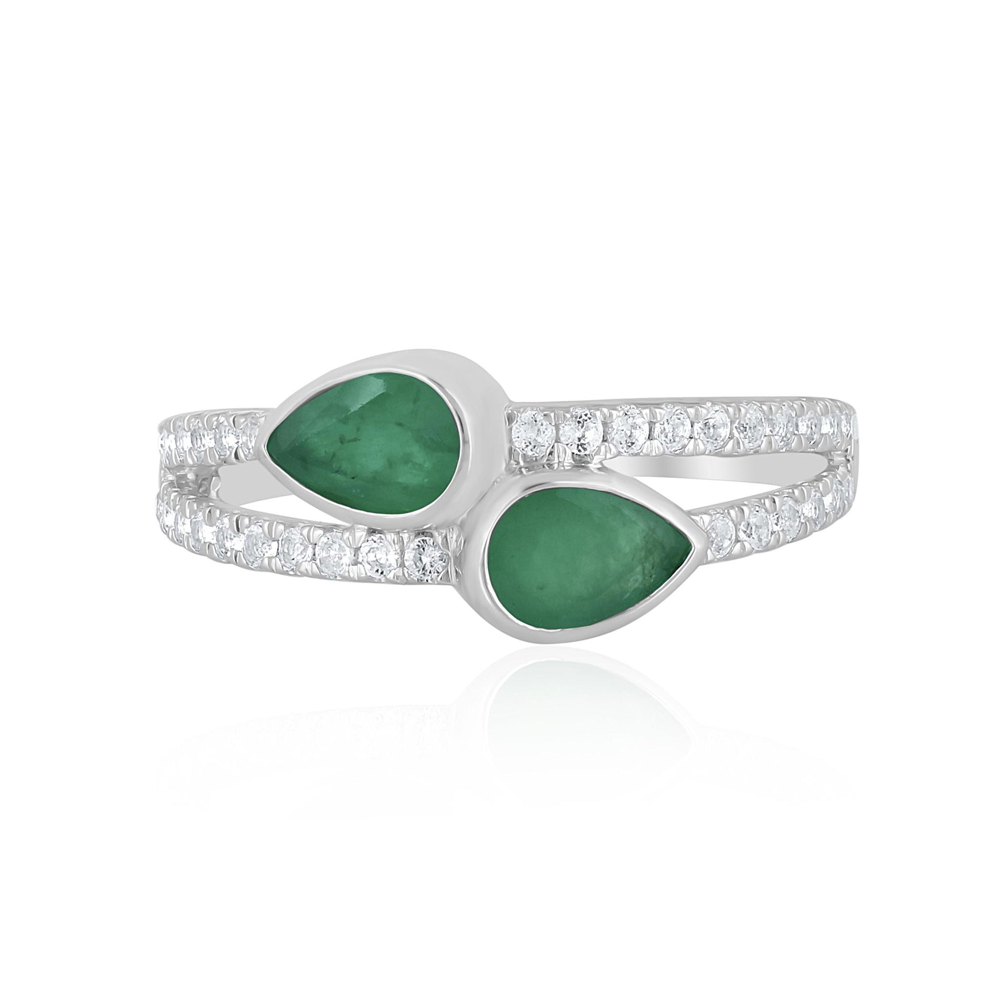 14K White Gold Emerald and White Topaz Bypass Ring