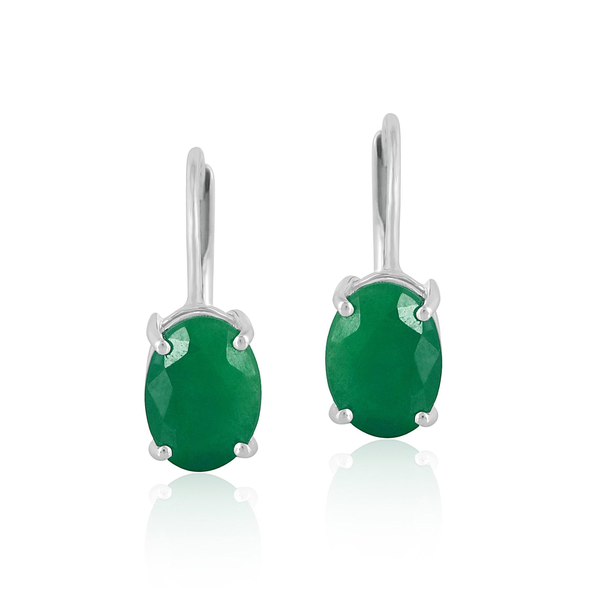 14K White Gold Oval Emerald Lever Back Drop Earrings