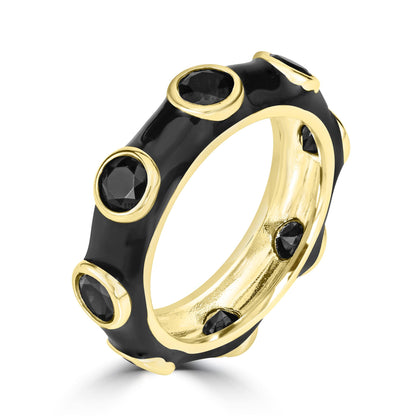 Bob Mackie Gold Over Brass Black Enamel Black Cubic Zirconia Band Ring, Sizes 6 to 8