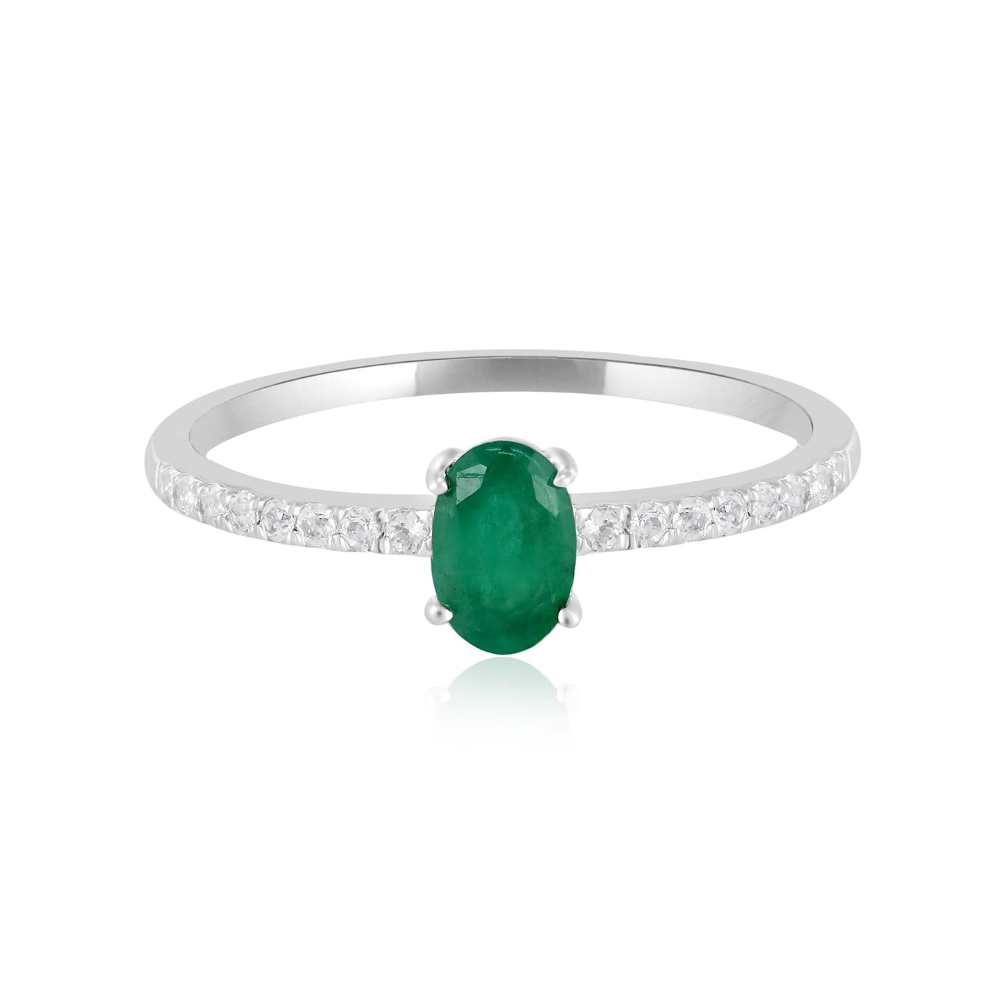 14K White Gold Oval Emerald and White Topaz Band Ring