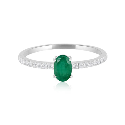 14K White Gold Oval Emerald and White Topaz Band Ring