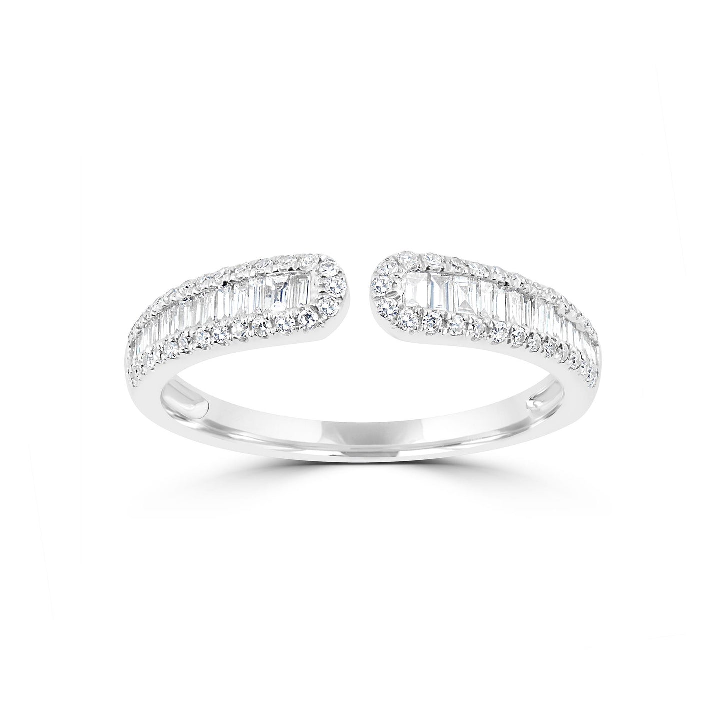 14K White Gold Round and Baguette Diamond Cuff Ring, .30 Carats, Sizes 6 to 8