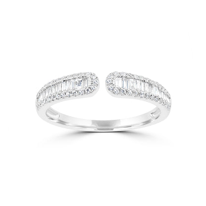 14K White Gold Round and Baguette Diamond Cuff Ring, .30 Carats, Sizes 6 to 8