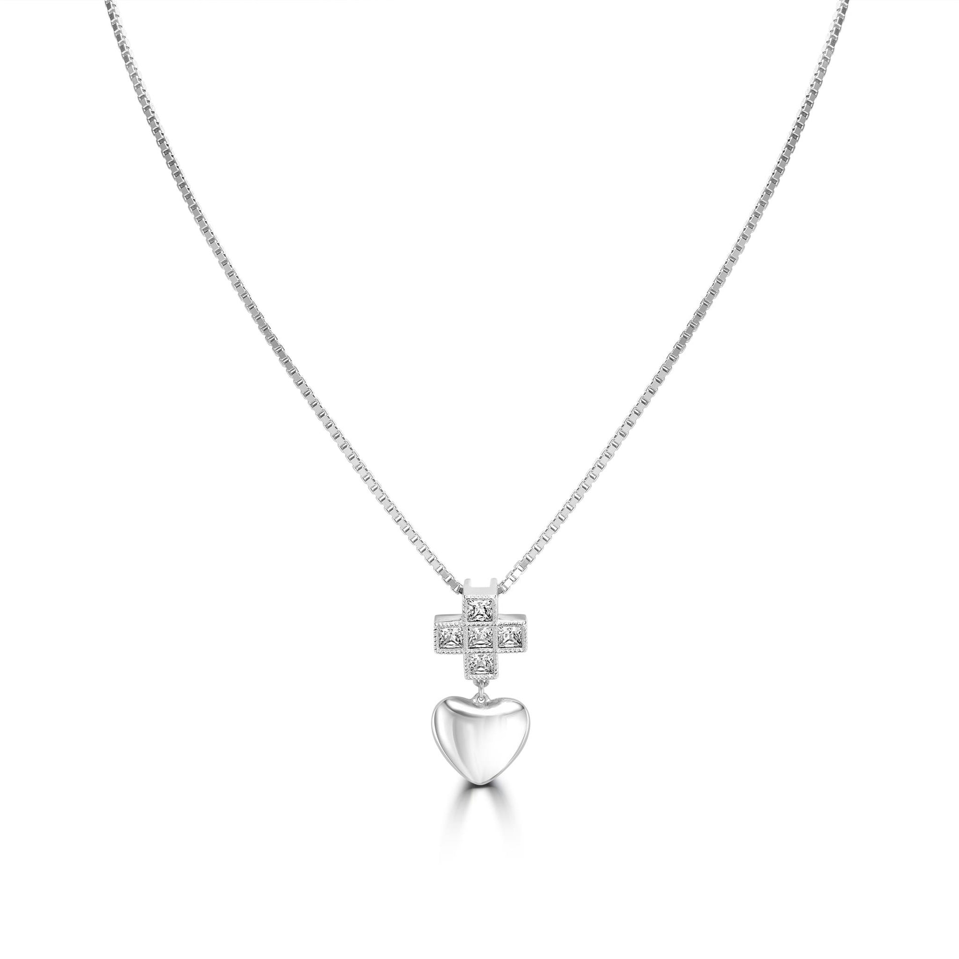 Kathy Levine Sterling Silver Cubic Zirconia Cross and Heart Pendant Necklace