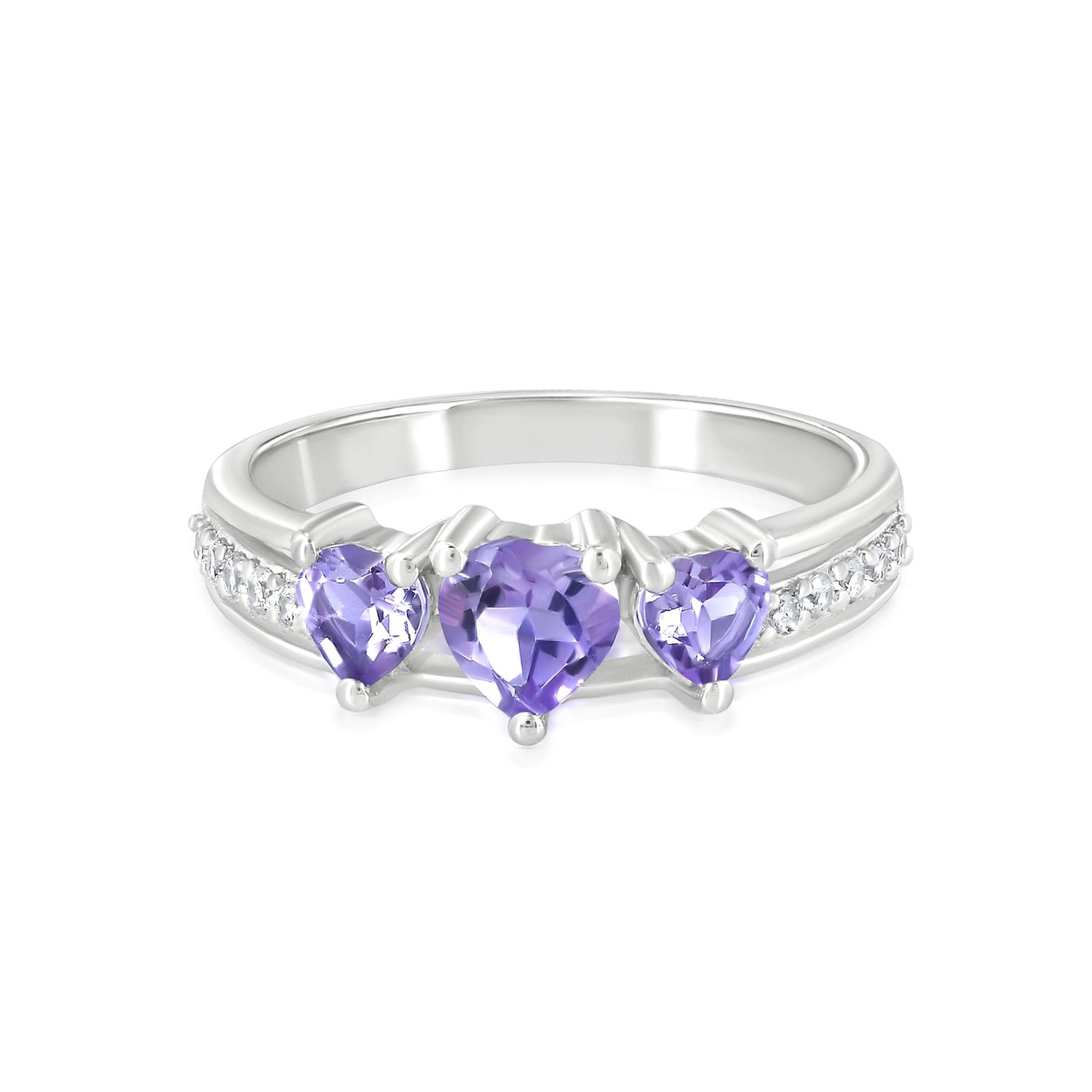 Sterling Silver Amethyst Cubic Zirconia Heart Cut 3-Stone Ring, Sizes 7 to 9