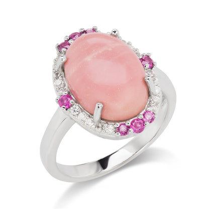 GG Collection Sterling Silver Pink Opal, Rhodolite and Zircon Oval Design Ring, Sizes 6 to 10