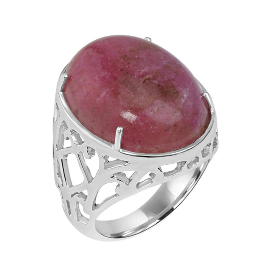 Sterling Silver Oval Rhodonite Gemstone Cabochon Ring, Sizes 5.5 to 9