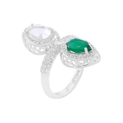 Sterling Silver Green Onyx Crystal and White Topaz Double-Pear Ring, Sizes 5 to 11.5