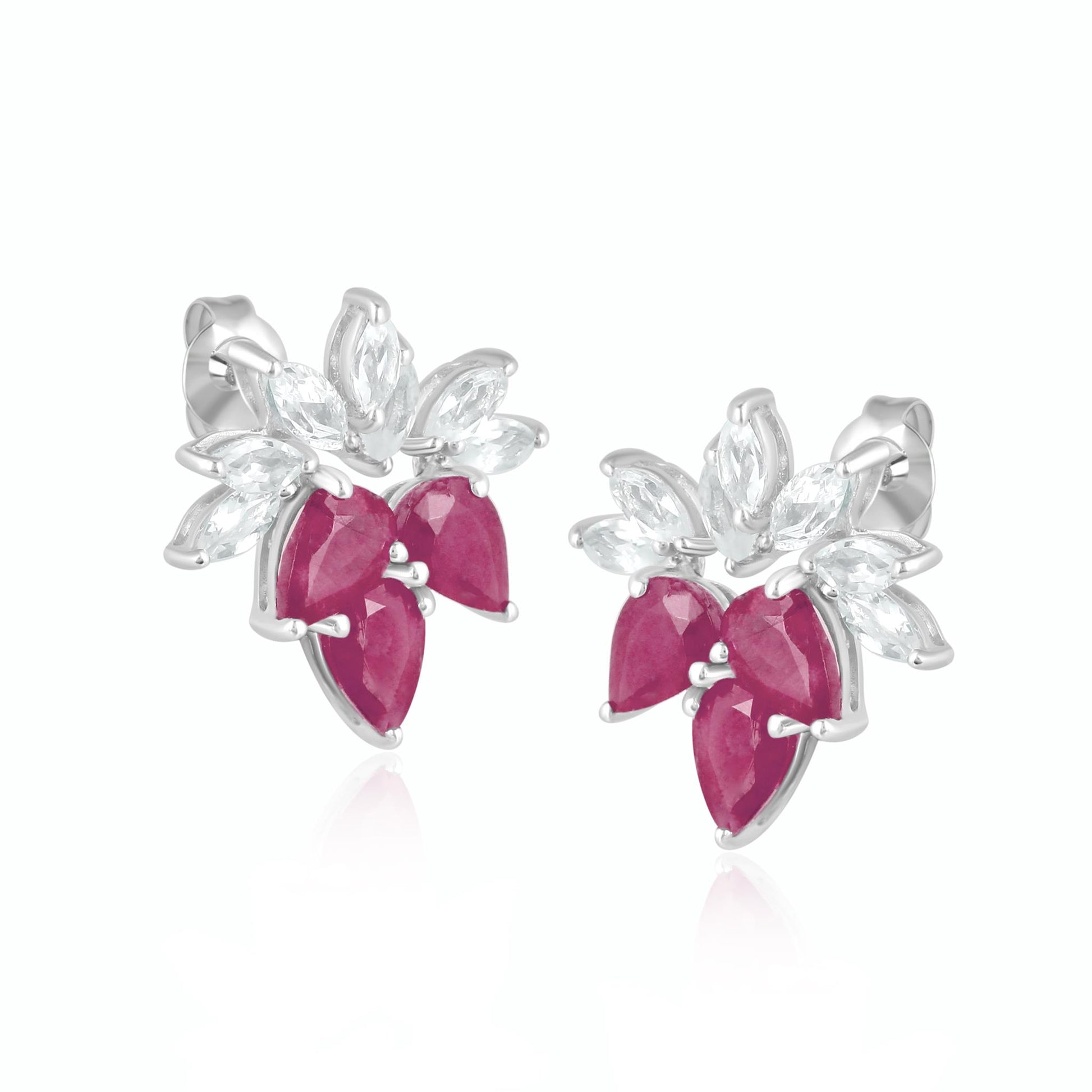 14K White Gold Ruby and White Topaz Stud Earrings