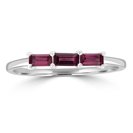 Heidi Sterling Silver Rhodolite Gemstone Stackable 3-Stone Baguette Ring, Sizes 6 to 8