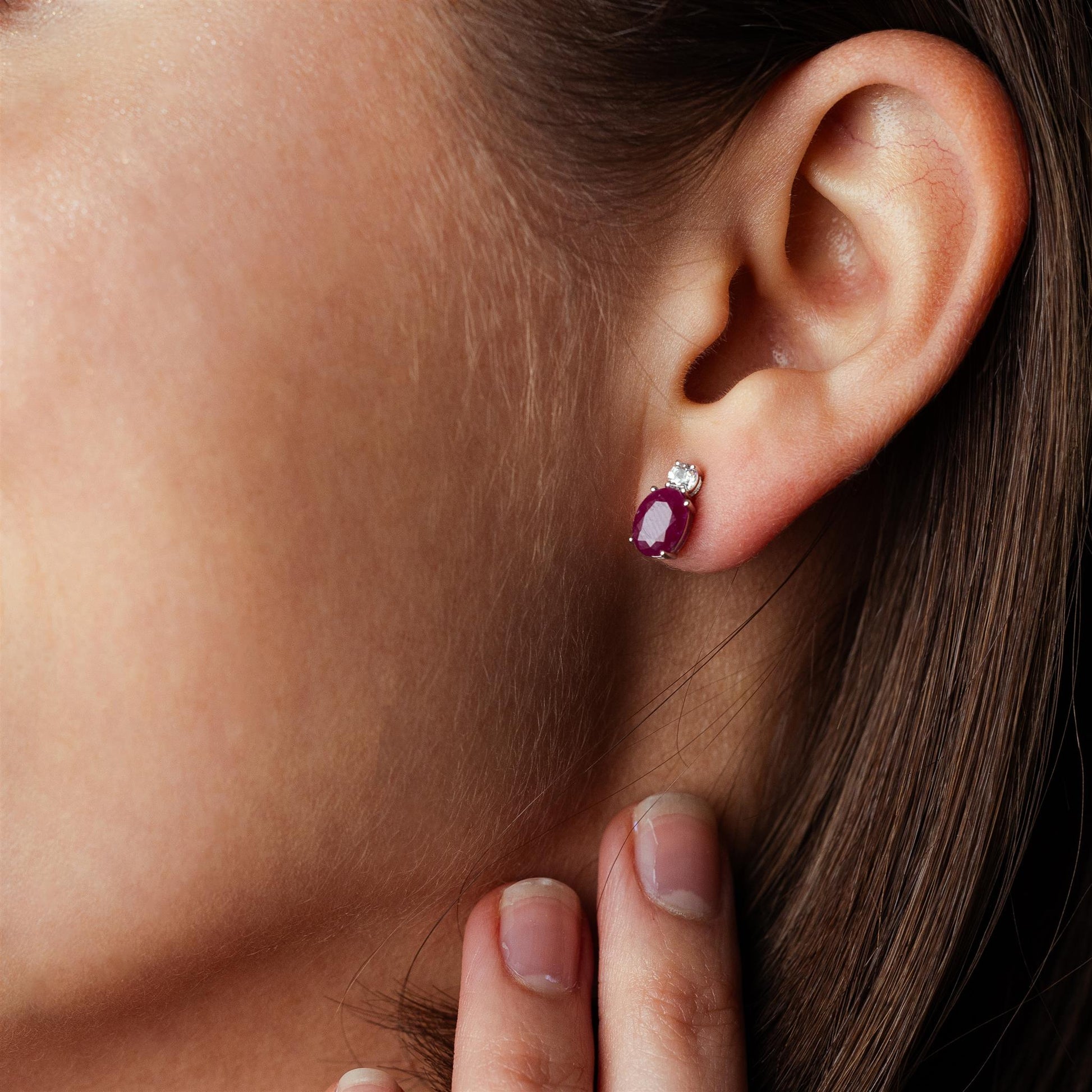 14K White Gold Oval Ruby and White Topaz Stud Earrings