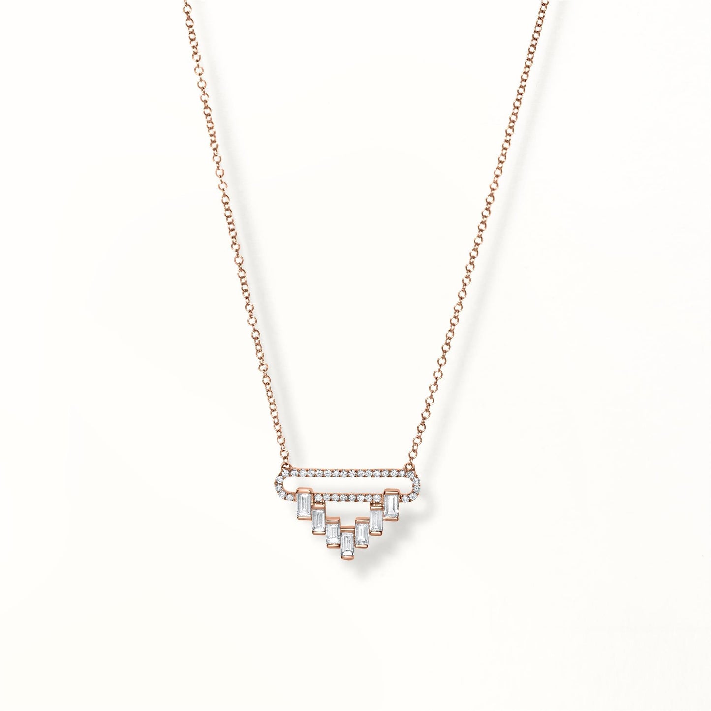 GEMISTRY Triangle Pendant Necklace with 0.41Ct Round and Baguette Diamond in 14K Rose Gold, 15 Inch