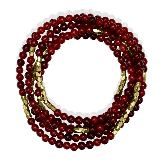 14K Gold Over Brass Red Agate Gemstone Beaded Wrap Bracelet or Necklace, 35 Inches