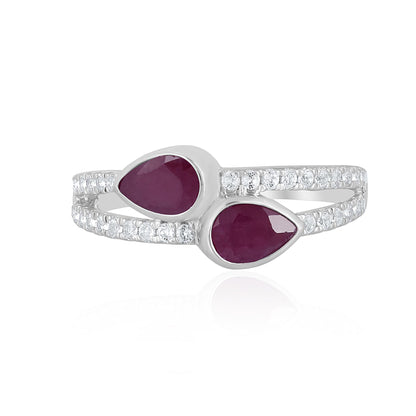 14K White Gold Ruby and White Topaz Bypass Ring