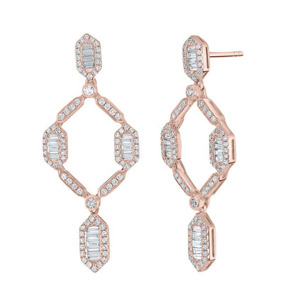 Gemistry Women 14K Rose Gold 1.07Ct Baguette And Round Diamond Drop Earrings (GH Color, SI1 Clarity)