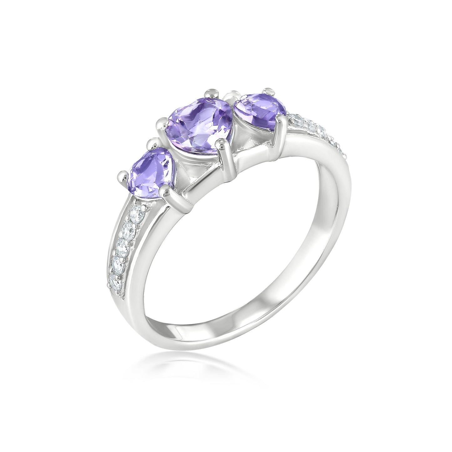 Sterling Silver Amethyst Cubic Zirconia Heart Cut 3-Stone Ring, Sizes 7 to 9