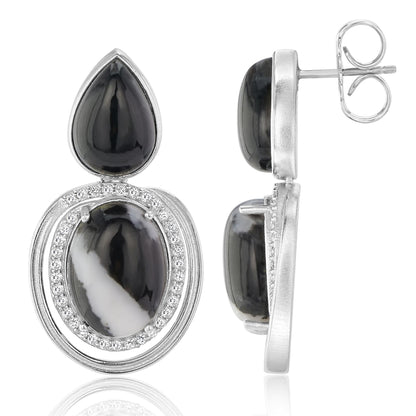 Gemistry Women Sterling Silver White Buffalo, White Topaz and Black Jade Gemstone Drop Earrings | Birthstone Jewelry Gift for Her Birthday | Wedding | Anniversary