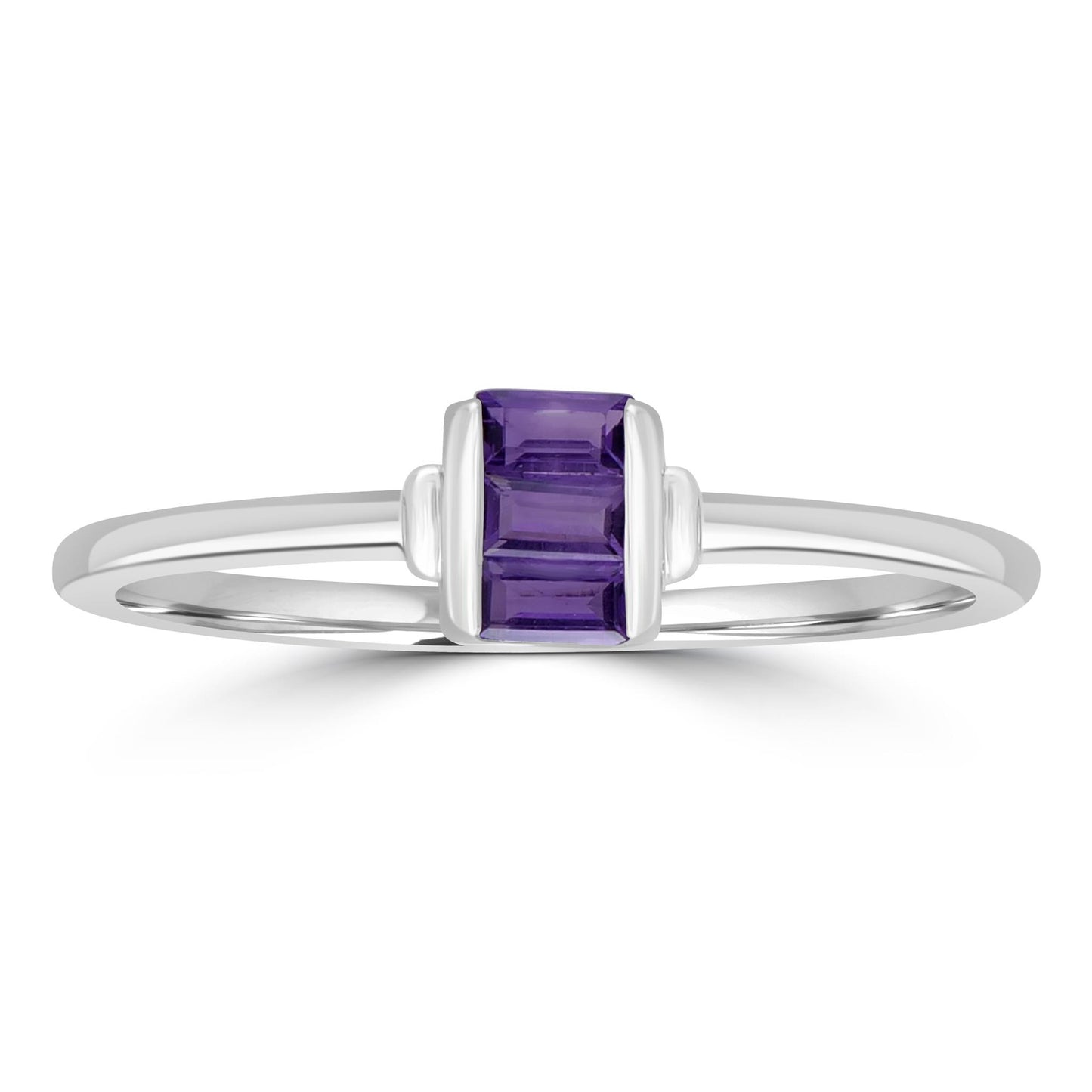 Ava Sterling Silver Amethyst Stackable 3-Stone Baguette Ring, Sizes 6 to 8