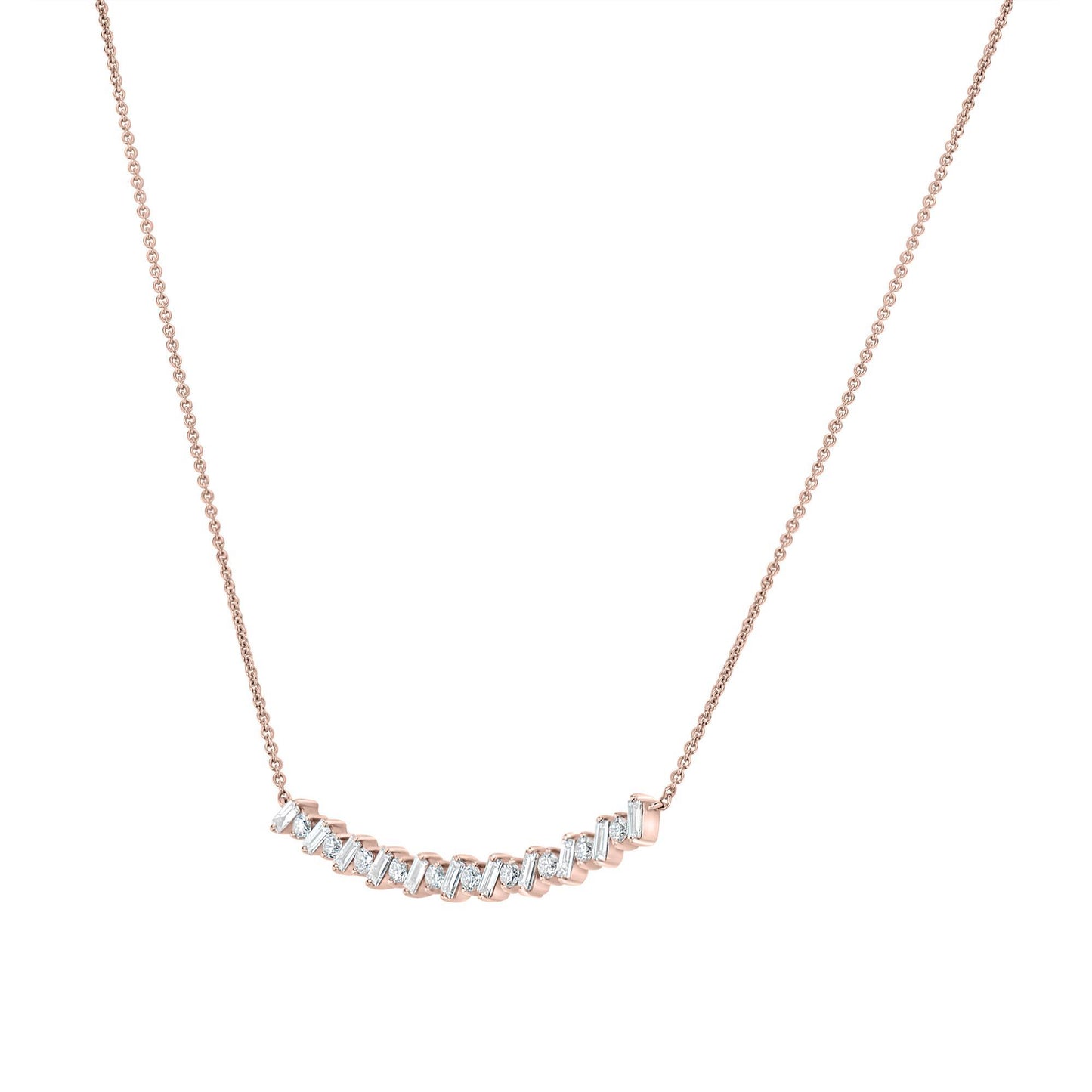 GEMISTRY Women 14K Rose Gold 0.47Ct Round and Baguette Diamond Curve Bar Necklace (GH Color, SI1 Clarity), 18 inch