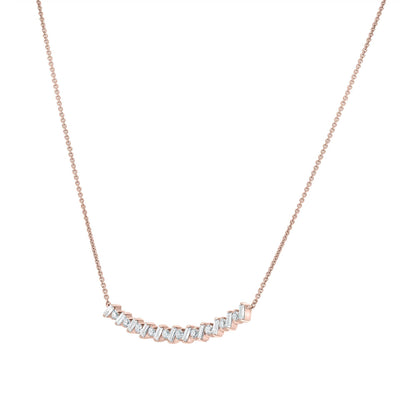 GEMISTRY Women 14K Rose Gold 0.47Ct Round and Baguette Diamond Curve Bar Necklace (GH Color, SI1 Clarity), 18 inch