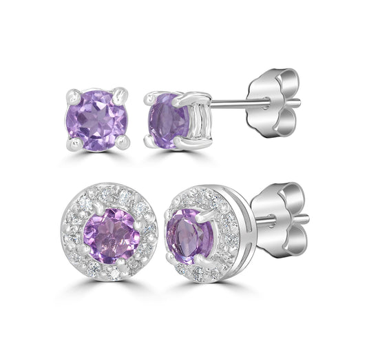 Sterling Silver Amethyst and Cubic Zirconia Stud Earring Set