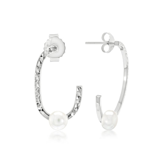 Judy Crowell Jewelry Sterling Silver Freshwater Pearl Diamond Cut Rectangle J Hoop Earrings