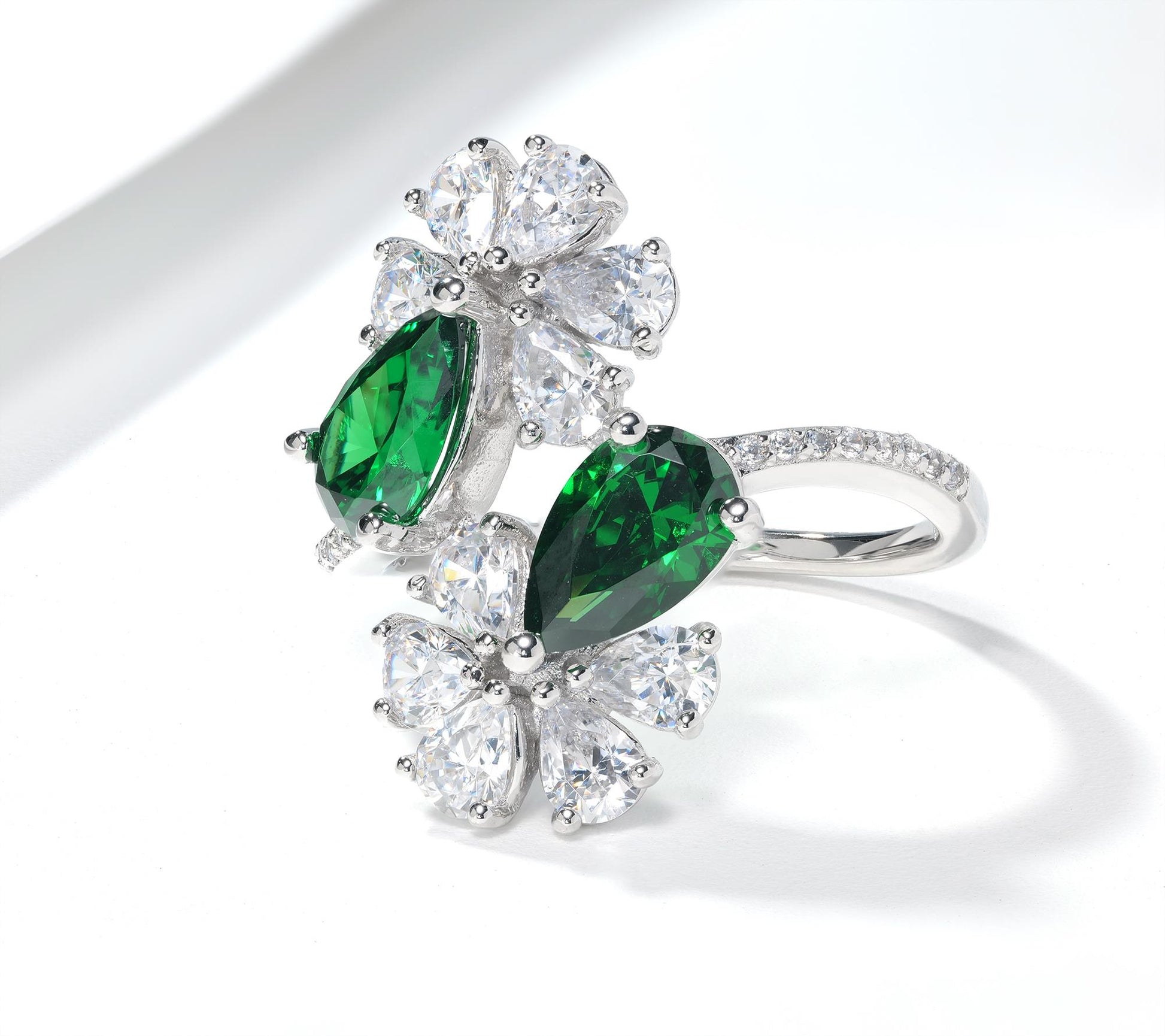 Kathy Levine Sterling Silver White and Emerald Cubic Zirconia Double Flower Pear and Round Bypass Ring