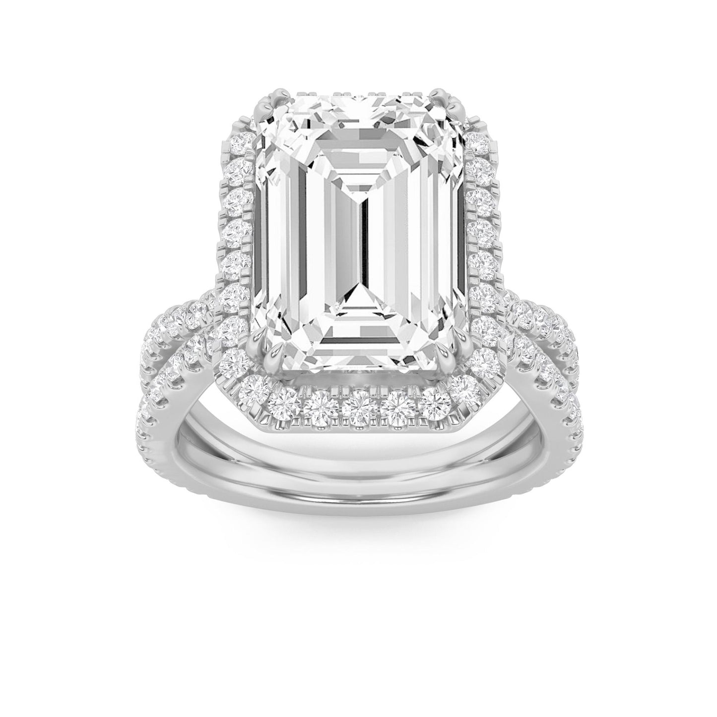 14K White Gold Lab Grown Diamond 8.0 CTTW Emerald Cut Halo Ring