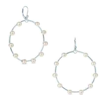 Gemistry White Cultured Freshwater Pearl Front Facing June Birthstone Hoop Earrings in 925 Sterling Silver