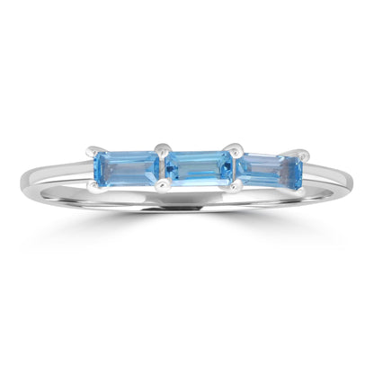 Heidi Sterling Silver Sky Blue Topaz Gemstone Stackable 3-Stone Baguette Ring, Sizes 6 to 8