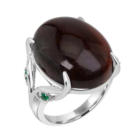 Sterling Silver Oval Red Tiger Eye Cabochon & Green Onyx Stone Ring, (0.10 ct Green Onyx)
