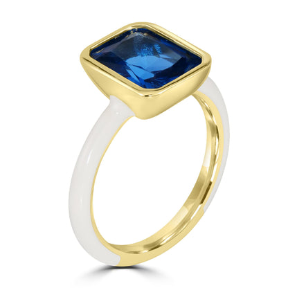 Bob Mackie Gold Over Brass White Enamel Rectangular Cut Blue London Cubic Zirconia Ring, Sizes 6 to 8