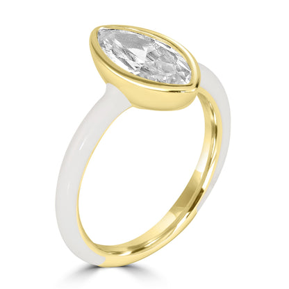 Bob Mackie Gold Over Brass White Enamel Marquise Cut White Cubic Zirconia Ring, Sizes 6 to 8