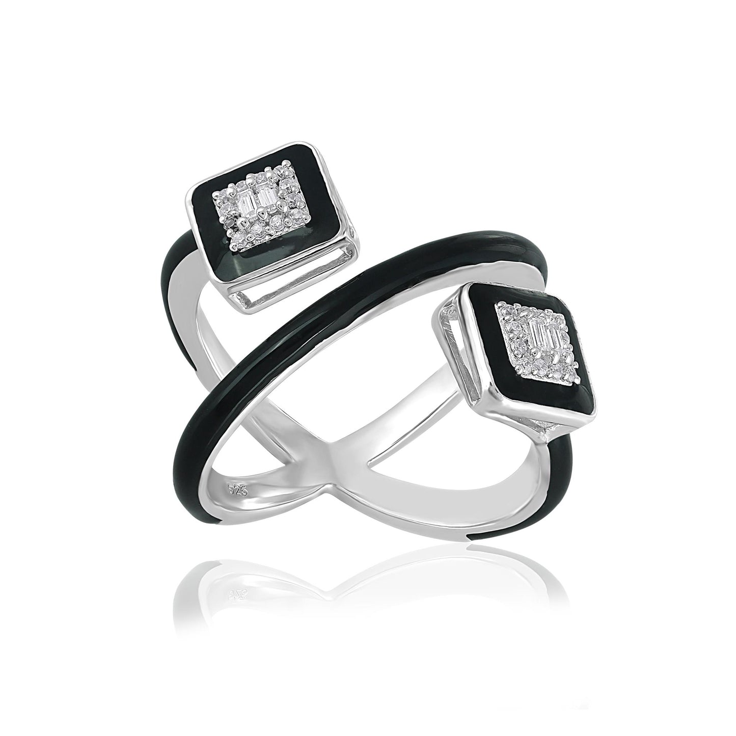 Judy Crowell Jewelry Sterling Silver Black Enamel Cubic Zirconia Cuff Ring, Sizes 6 to 9