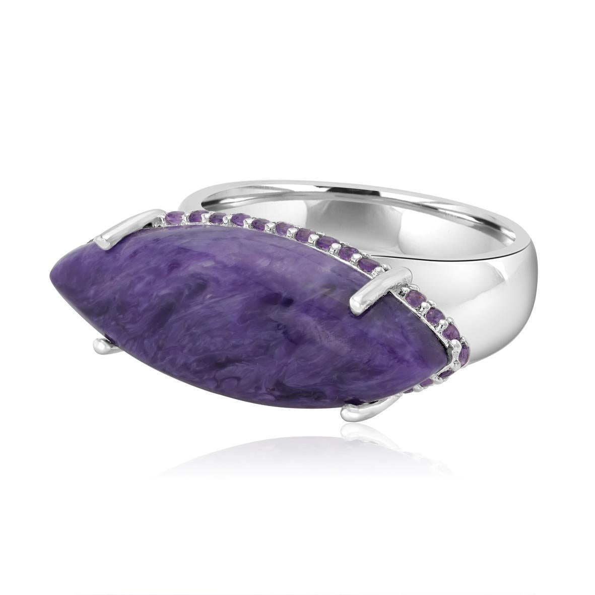 Sterling Silver Charoite and Amethyst Marquise Halo Ring, Sizes 5 to 8