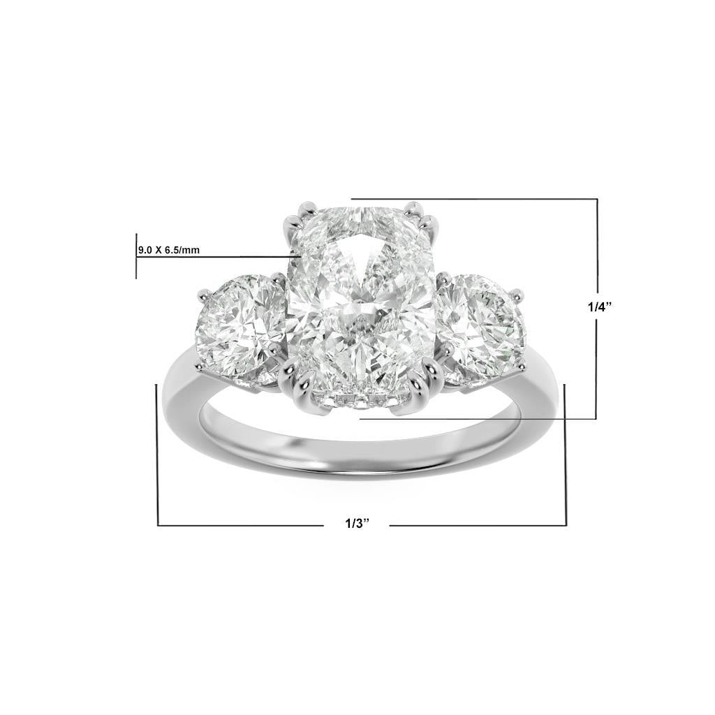 14K White Gold Lab Grown Diamond 3.0 CTTW Cushion and Round Cut Ring