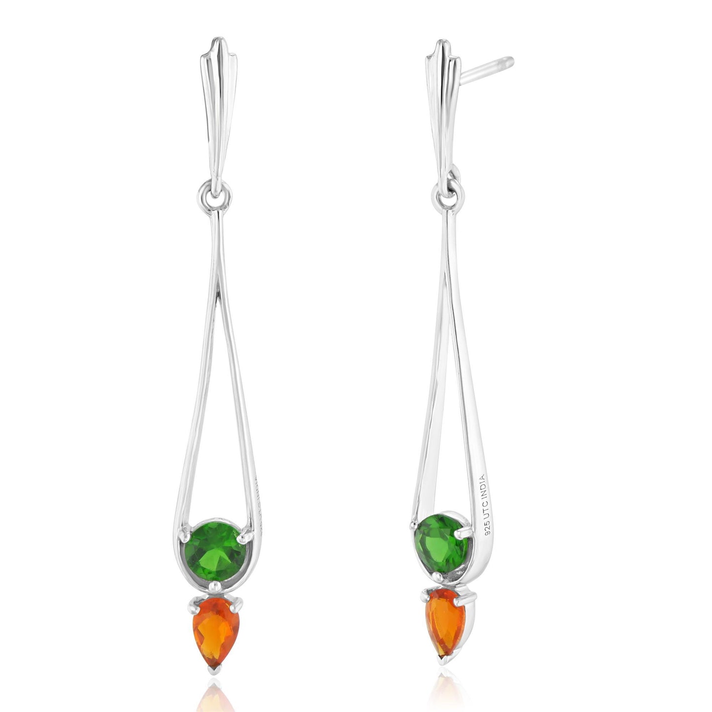 Gemistry "GG Collection" Chrome Diopside and Fire Opal Linear Drop Earrings in 925 Sterling Silver