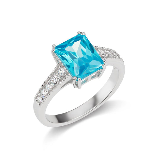 Sterling Silver Blue Aqua and White Cubic Zirconia Ring, Sizes 7 to 10