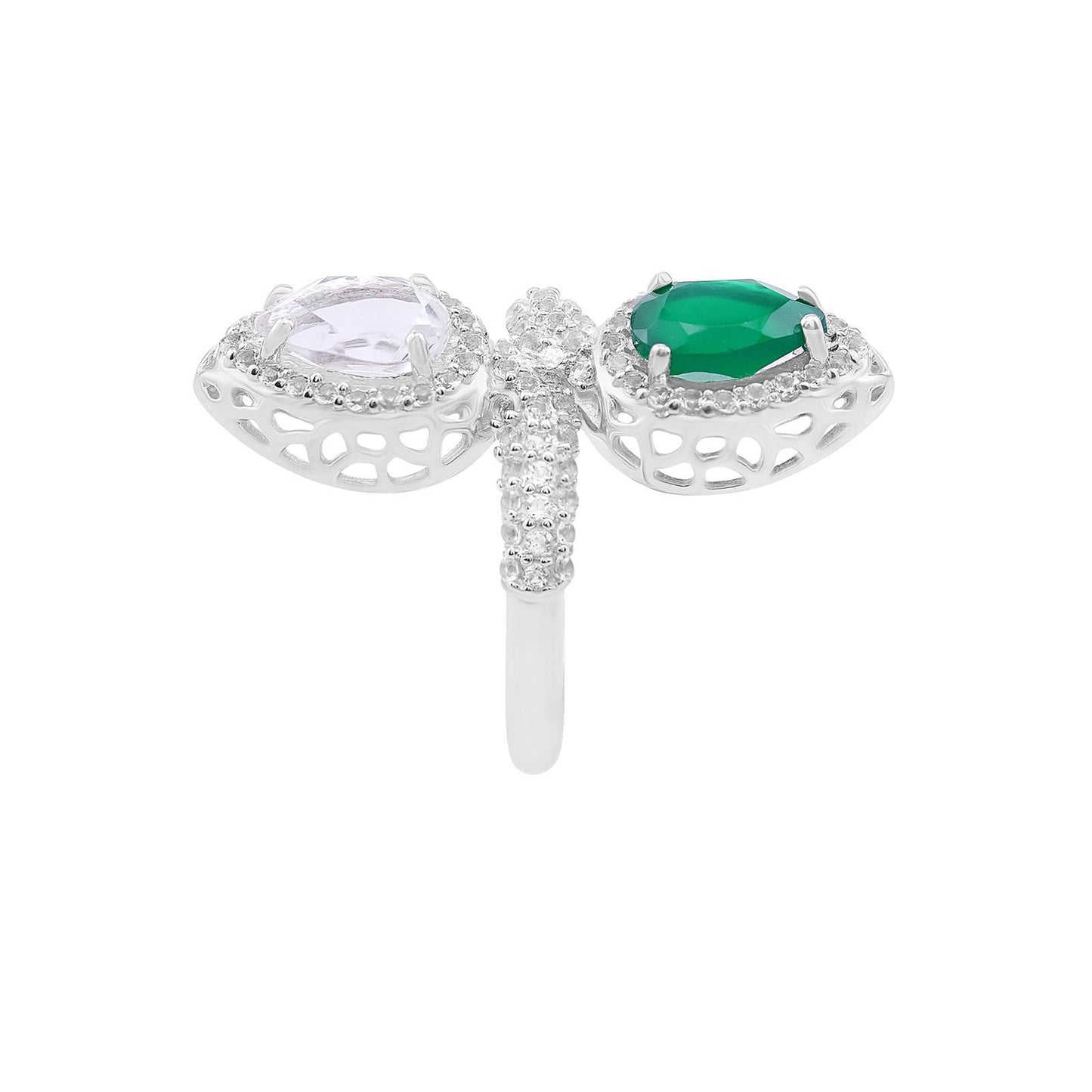 Sterling Silver Green Onyx Crystal and White Topaz Double-Pear Ring, Sizes 5 to 11.5