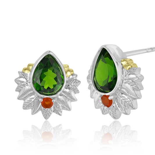 Sterling Silver Pear Shape Gemstone Leaf Stud Earrings