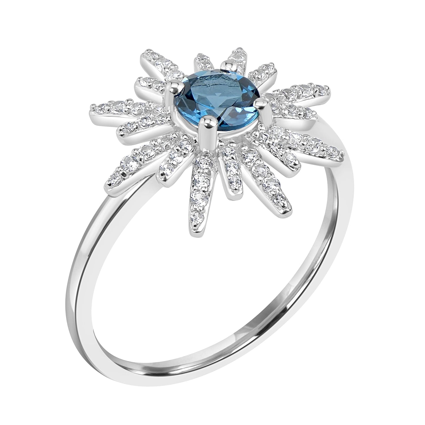 Sterling Silver London Blue Topaz and White Zircon Sunburst Ring, Sizes 5 to 11