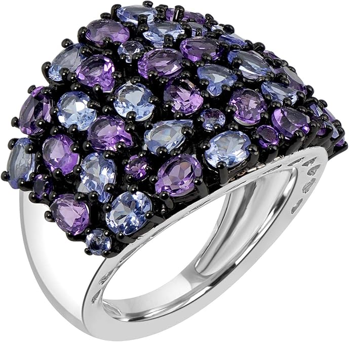 Sterling Silver Oval & Round Tanzanite & Amethyst Gemstone Women's Ring (6.11 Ct)