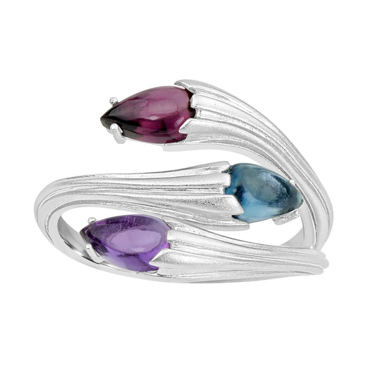 Sterling Silver London Blue Topaz, Rhodolite and Amethyst 3-Stone Bypass Ring, Sizes 5 to 9