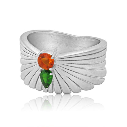 Sterling Silver Diopside Fire Opal Ray Design Ring, Sizes 5 and 6