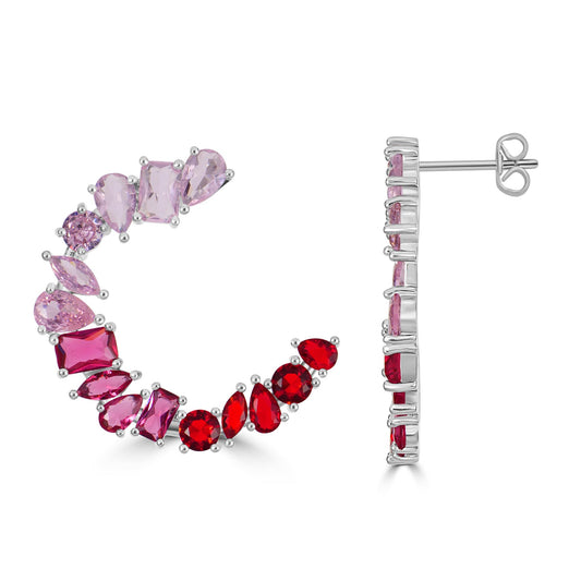 Bob Mackie Jewelry Silver-Plated Brass Rose Red Gradient Multi-Stone Cubic Zirconia Hoop Earrings