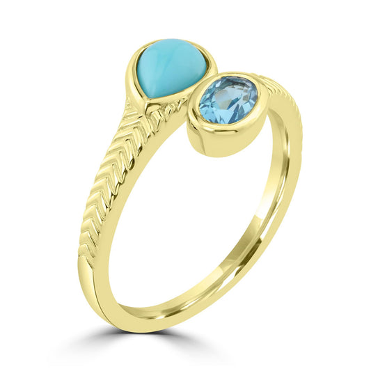 GG Collection Pear Turquoise and Oval Swiss Blue Topaz Gemstone Gold Plated Bypass Ring in 925 Sterling Silver (Ring Size 7)