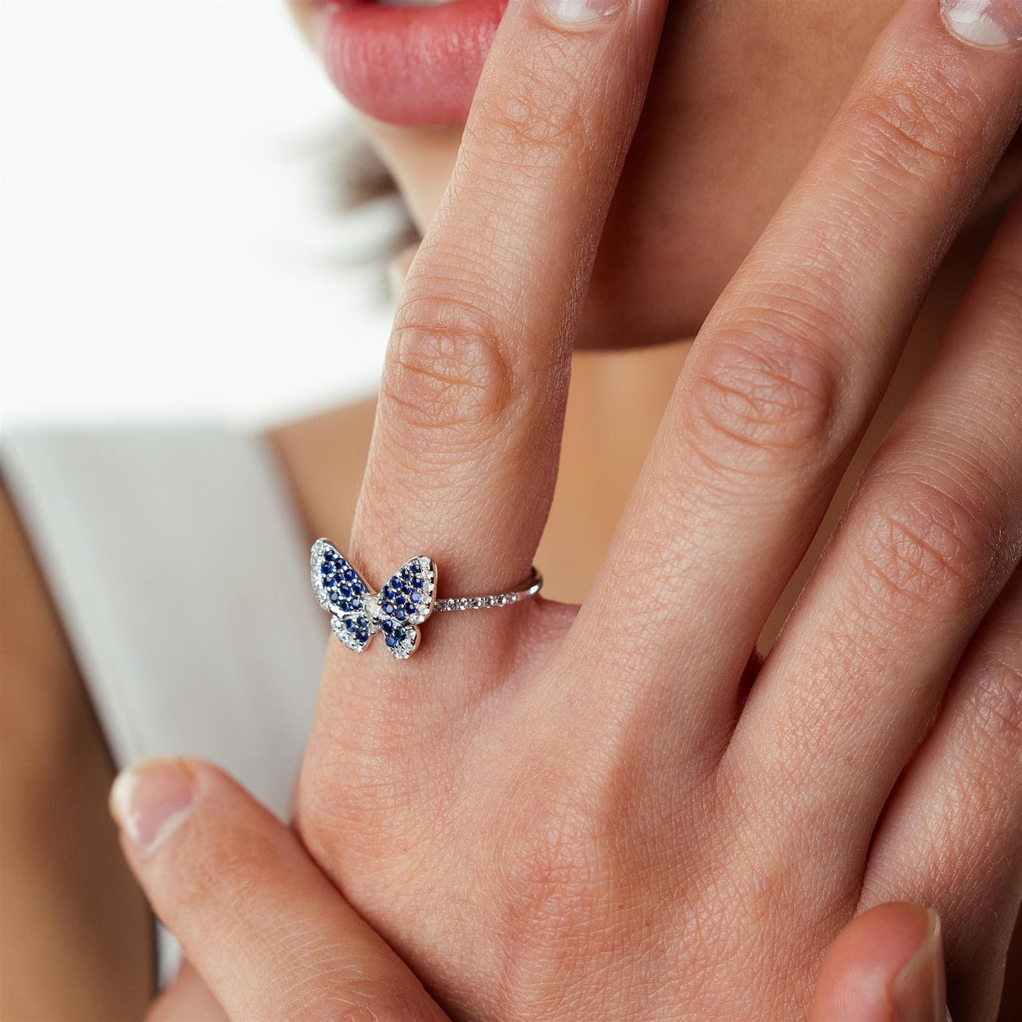 14K White Gold Sapphire and White Topaz Butterfly Ring