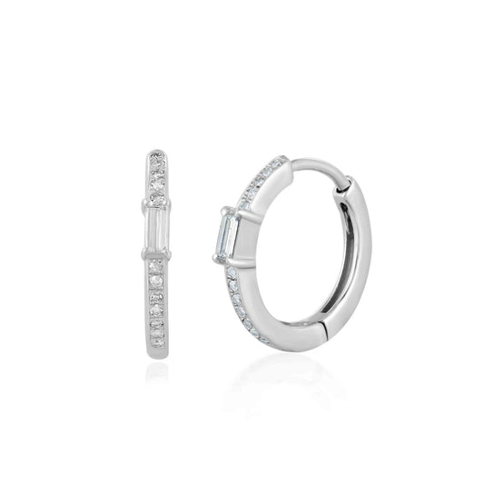 14K White Gold 0.18 Carat Diamond Pave and Baguette Hoop Earrings