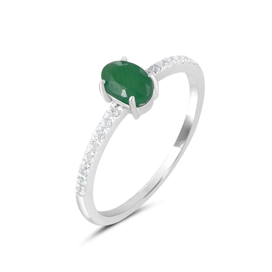 14K White Gold Oval Emerald and White Topaz Band Ring